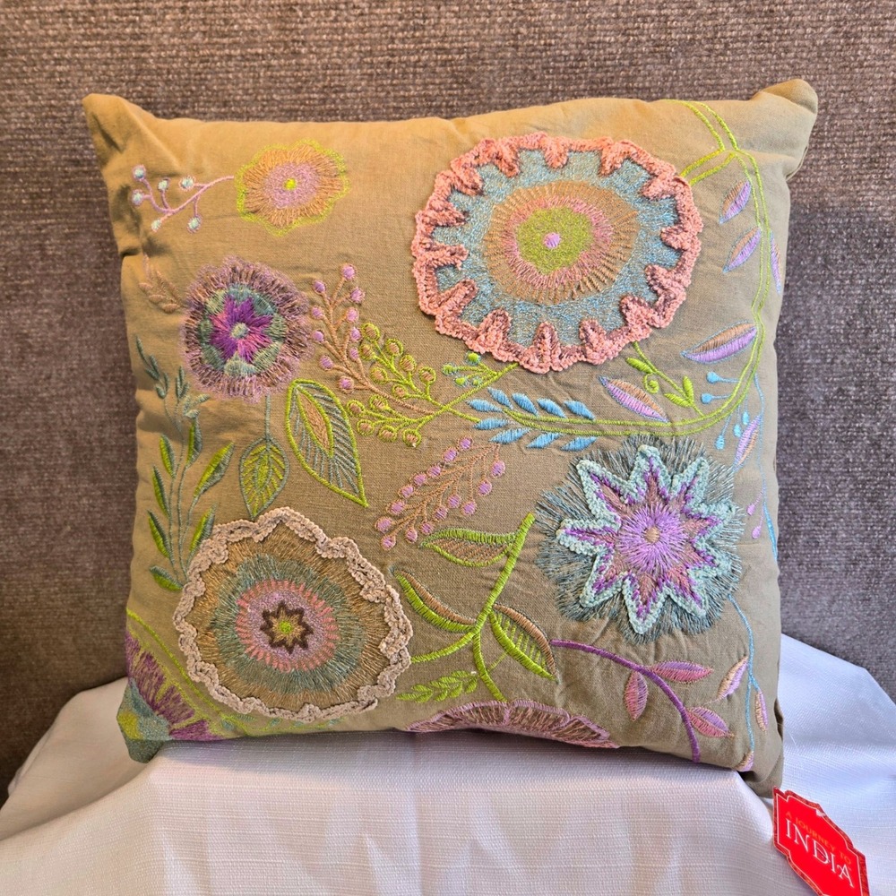 A Journey to India Floral Embroidered Throw Pillow Tan Boho Crewelwork 15x15 NWT
